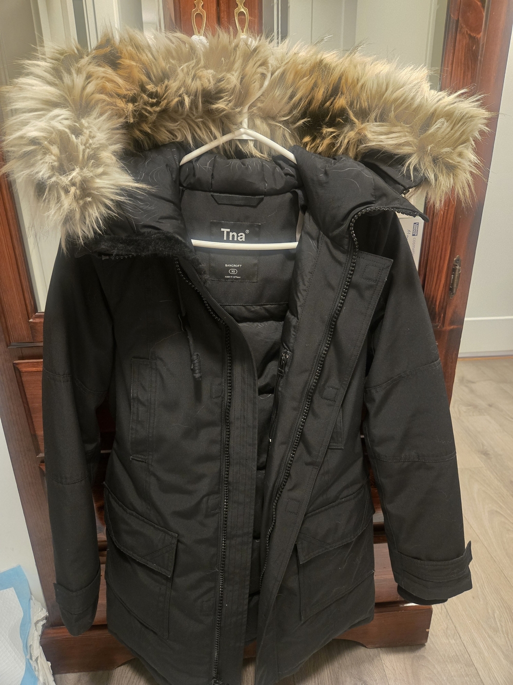 TNA Black Parka with Faux Fur-Trimmed Hood